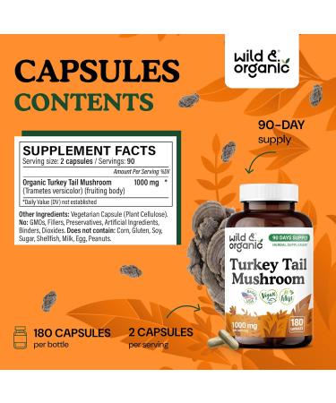 Wild & Organic Turkey Tail Mushroom Capsules 1000 mg - Immune Support - Turkey Tail Mushroom Powder Supplement - Coriolus Versicolor Mycelium Extract - Vegan No Fillers Non-GMO - 180 Count 180 Count (Pack of 1) - Buy Online on GoSupps.com