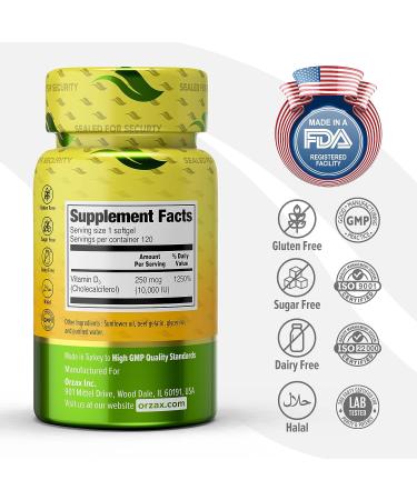 ORZAX Vitamin D3 10000 IU - 120 Day Supply - Immune & Bone Health Support - Mood Booster - Gluten-Free - 120 Mini Softgels - Buy Online on GoSupps.com