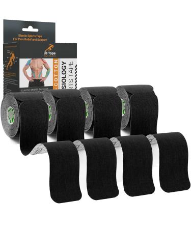 JB PreCut Kinesiology Tape 4 Rolls - Water Resistant, Latex Free Athletic Body Tape for Joint & Muscle Pain,Sports Recovery & Support. Includes Manual. (Black) Black Jet