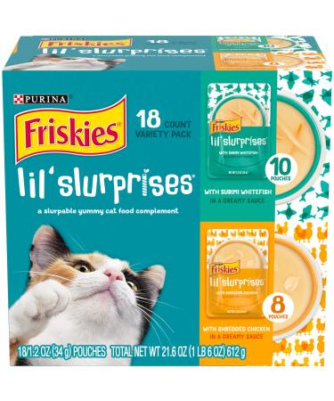 Purina Friskies Cat Food Complement Variety Pack, Lil Slurprises Shredded Chicken & Surimi Whitefish - (18) 1.2 oz. Pouches