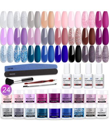 REDNEE 33pcs Dip Nails Powder Starter Kit Home DIY with Salon Quality 24 Colors All Season Neutral Purple Pink Dipping Powder with Base Top Coat Liquid Set & Essential Manicure Tools RE81