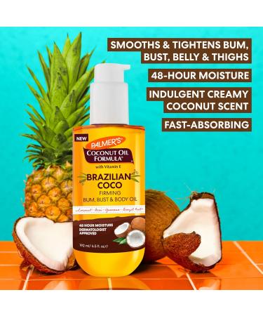 Palmer's Coconut Oil Formula Brazilian Coco Firming Body Oil with Vitamin E 6.5 Fl Oz Helps with Skin Tightening & Firming of Bum Bust & Belly Provides 48Hr Moisture Dermatologist Approved - Buy Online on GoSupps.com