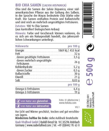 Raab Vitalfood Organic Chia Seeds - Premium Quality Vegan Lab Tested Rich in Fiber & Nutrients (500g) - Buy Online on GoSupps.com