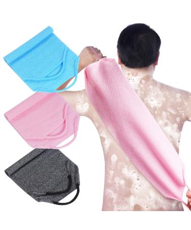 3 Pack Exfoliating Body Scrubber with Handle Exfoliating Back Scrubber Two Sides Nylon Back Washer Stretchable Pull Strap Exfoliating Long Washcloth for Shower Bath Women Men Children Pink Blue Grey