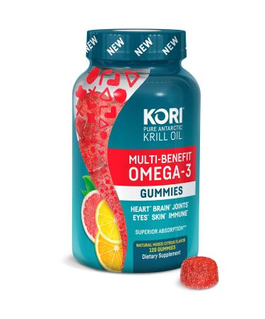 Kori Multi-Benefit Omega-3 Gummies| Heart, Brain, Joint, Eye, Skin, & Immune| Non-GMO, No Artificial Flavors or Synthetic Colors| Antarctic Krill Oil with Superior Absorption vs Fish Oil 120 Count (Pack of 1)