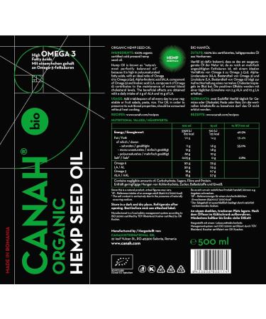 Natural Hemp Seed Oil 500ml - Organic Cold-Pressed Raw & Vegan | Rich in Omega-3 & Omega-6 | Kosher Certified - Canah - Buy Online on GoSupps.com
