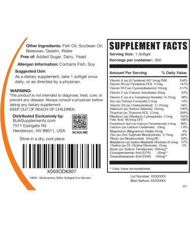 BulkSupplements Women's Multivitamin with Fish Oil & Multimineral - 300 Softgels - Buy Online on GoSupps.com