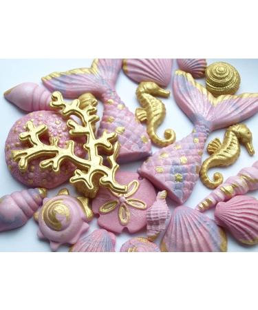 25x Edible Mermaid Tail Seashells Seahorse Gold Coral Under the sea Fondant Cake Topper Decoration - Buy Online on GoSupps.com