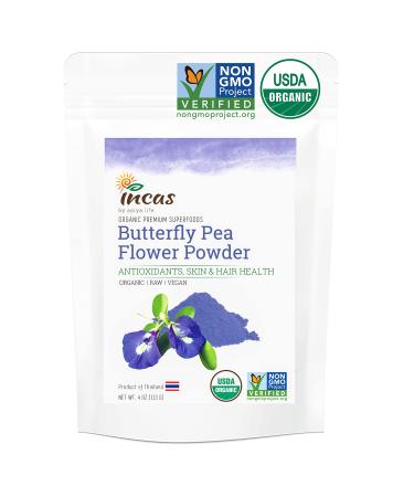 Incas USDA Organic Butterfly Pea Flower Powder, Non-GMO Verified Butterfly Pea Flower Extract From Thailand, Organic Blue Matcha Tea Powder, Organic Blue Food Coloring, Non GMO, Vegan