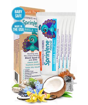 SprinJene Kids Vanilla Toothpaste Fluoride Free for Cavity Protection & Fresh Breath - Patented Natural SLS Free Toddler Toothpaste for Children 2 Years & Up/Preservative & Toxic Free (4 Pack) 3.5 Ounce (Pack of 4)