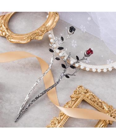 HINZIC Flower Hair Stick 2Pcs - Retro Chinese Hair Chopsticks for Bun | Wedding Hairpins for Bride Women Girls - Silver Black - Buy Online on GoSupps.com