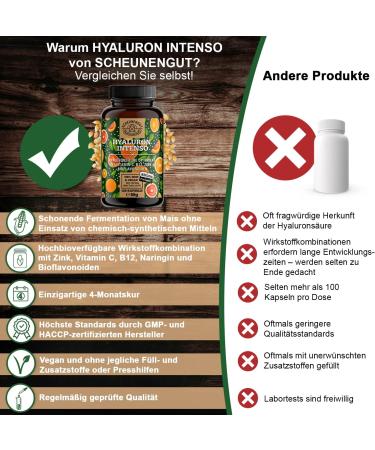 Hyaluron Capsules 500mg - High-Dose Hyaluronic Acid 120 Vegan Capsules with Vitamin C B12 Zinc & Flavonoids | De-Scheunengut  - Buy Online on GoSupps.com