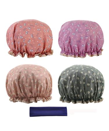 Shower Cap for Women Large 4 Pack Bathing Shower Caps Waterproof Double Layer Print Shower Hat for Women Long Hair Lengths and Thicknesses (27 cm Print B) 27 cm Print B