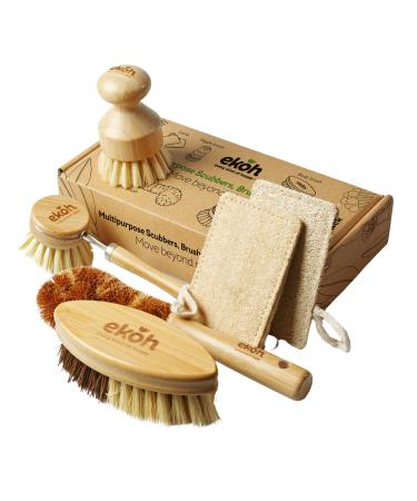 EKOH Multipurpose Bamboo Brush 6 Pack | Dry Brushing Body Brush Natural Soft Bristles Nail & Feet Scrubber + 2 Natural Loofah Sponges | Bottle Brush & Dish Brush for Home Shower & Bath