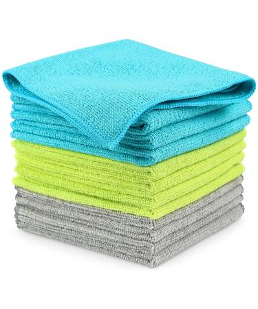 AIDEA Microfiber Cleaning Cloths-12PK, Softer Highly Absorbent, Lint Free Streak Free for House, Kitchen, Car, Window Gifts(12in.x12in.) Blue/Green/Grey 12