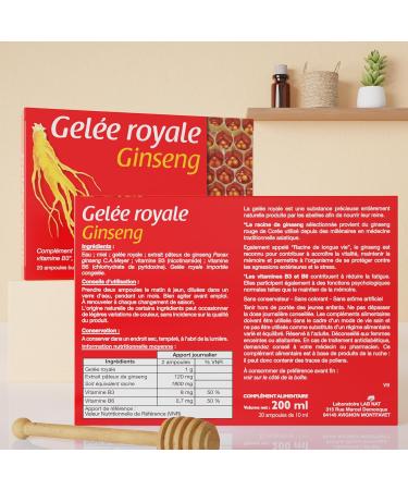 Laboratoire NaturAvignon Royal Jelly Ginseng Ampoules | Vitality Immunity Intellectual Vivacity | Royal Jelly 1000mg Ginseng 1800mg Vitamins B3 B6 | Made in France | 20 Ampoules (10 Days) - Buy Online on GoSupps.com