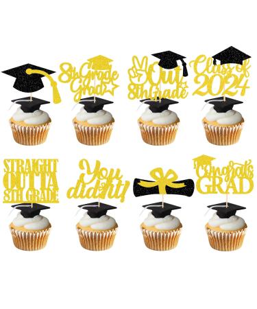 8th Grade Grad Cupcake Toppers Gold Glitter 8th Grade Graduation Party Decorations 2023 Boy Girl Kids Eighth Grade Graduation Party Decorations Supplies
