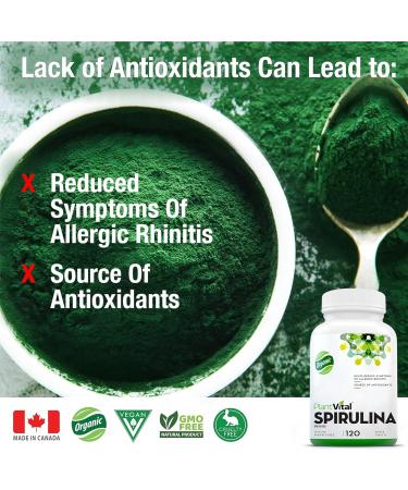 Plantvital Organic Spirulina Tablets (120 Tablets) 1000mg Per Tablet - Mega Source of Chlorophyll Protein. Vitamins/Minerals Antioxidant Rich Superfood. Vegan Non-GMO Gluten Soy Dairy Free! Made in Canada 120 count (Pack of 1) - Buy Online on GoSupps.com