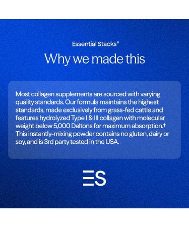 Essential Stacks Collagen Peptides Powder (from Grass Fed Cattle) - Gluten Dairy & Soy Free - Unflavored Hydrolyzed Collagen Supplement (10.6 oz) - Buy Online on GoSupps.com