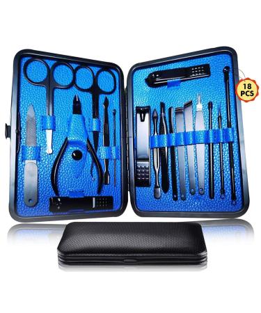 Manicure Pedicure Kit Nail Clippers Set 18 in 1 High Precision Stainless Steel Cutter File Sharp Scissors for Men & Women Fingernails & Toenails Vibrissac Scissors with Stylish Case (Blue_18in1)