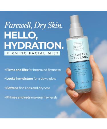Clear Beauty Hyaluronic Acid & Collagen Face Mist - Dermatologist Tested, Moisturizes & Tones Skin, Anti-Aging, Natural Ingredients, Cruelty-Free, 95% Natural - All Skin Types - 4 OZ - Buy Online on GoSupps.com