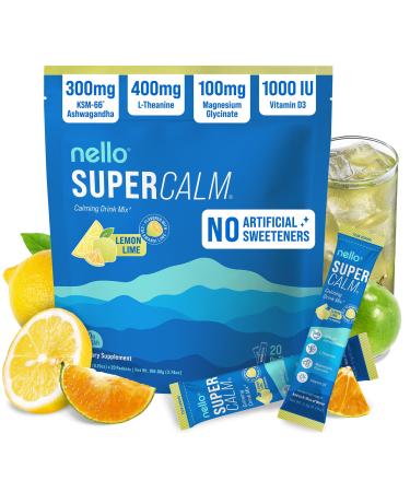 Nello Supercalm Powdered Drink Mix, Cortisol Reducer* and Sleep Aid Supplement, L Theanine, Ksm-66 Ashwagandha, Magnesium Glycinate, Vitamin D 3, No Sugar, Non GMO, On The Go, 20 Ct, Lemon Lime Lemon Lime 20 Servings (Pack