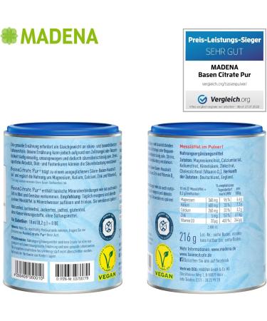 Madena Base Citrate PUR 100% Organic Vegan Powder with Magnesium Zinc Potassium & Calcium for Base Fasting 216g Can - Buy Online on GoSupps.com