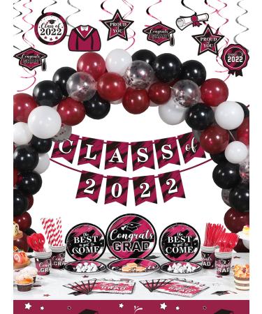294 Pieces Graduation Party Supplies Set, Class of 2022 Graduation Decorations, Including Graduate Tableware Paper Plates Napkins Cups Plastic Tablecloth Banner Balloons Hanging Swirls (Maroon)