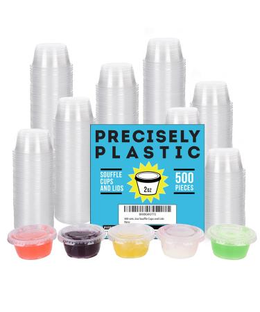500 sets - 2oz Disposable Plastic Souffle / Portion Cups with Lids Bulk Perfect for Shot Glasses, Condiments, Toppings, Dressings, Sampling 2 oz Souffle Cups and Lids - 500 Sets