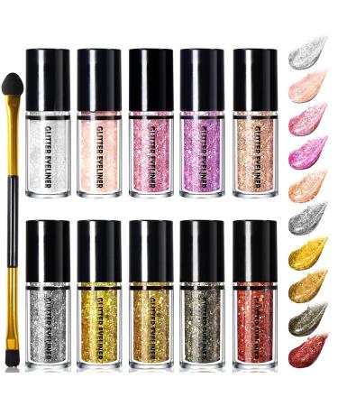 NewBang 10 Colors Liquid Glitter Eyeliner Set Metallic Shimmer Glitter Eyeshadow Pigment Eyebrow Shimmer Waterproof Longlasting Sparking Colorful Eyeliner Kit High Pigmented Brighten Eye Liner 10 Colors Glitter Eyeliner