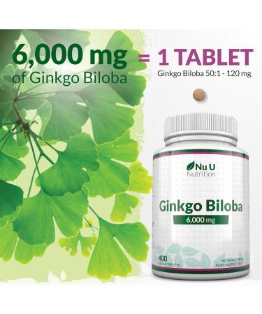 Ginkgo Biloba 6000mg - 400 High Strength Vegan Tablets - 120mg Extract per Tablet - Made in UK by Nu U Nutrition - Buy Online on GoSupps.com