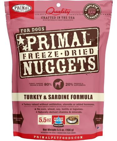 Primal Freeze Dried Raw Dog Food Nuggets, Turkey & Sardine, Complete & Balanced Meal, Healthy, Grain Free, High Protein Raw Dog Food, 5.5 oz