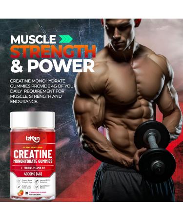 Pro Creatine Monohydrate Gummies 4000mg - 60 Chewable Strawberry Flavoured Gummies | Pre Workout Supplement for Men & Women | Keto & Vegan Friendly | 30 Days Supply - Buy Online on GoSupps.com