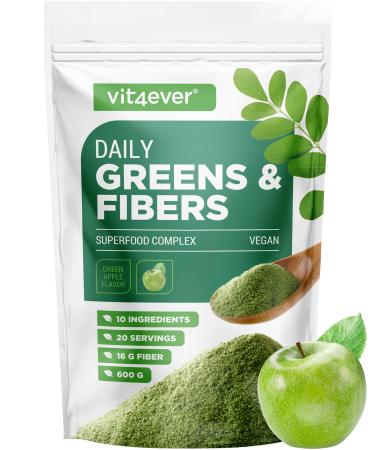 Daily Greens & Fiber Powder - Combinaison de fibres & superfoods - psyllium spiruline moringa herbe d'orge inuline fibre de pomme extrait de curcuma fibre d'accia l cithine (600g Pomme verte) Pomme verte 600 g (Lot de 1)