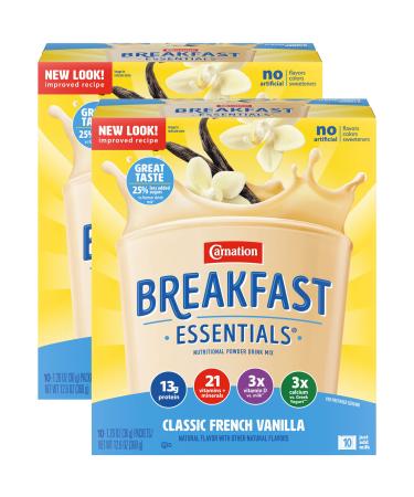 Carnation Breakfast Essentials Complete Nutritional Drink, Classic French Vanilla, 10-1.26 OZ Packets Per Box (Pack of 2)