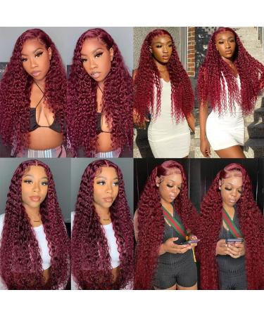 MAXTASK Burgundy Lace Front Human Hair Wig | Pre Plucked 99J Deep Wave HD Lace | Red Colored Wet & Wavy Curly Wig for Black Women - Buy Online on GoSupps.com