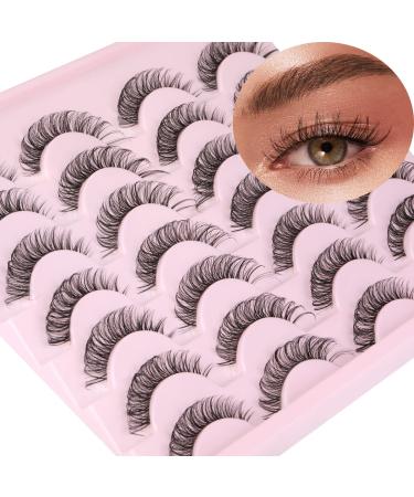 False Lashes Natural Look 14MM Short Cat Eye Clear Band Russian Strip Lashes D Curl Wispy Fluffy Faux Mink Eyelashes Pack 14 Pairs A- Natural 14mm
