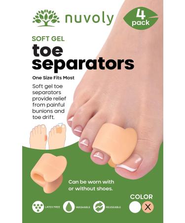 Nuvoly Gel Toe Separator for Men and Women - Foot Corrector and Spacer for Relief from Hammer Toes Overlapping Toes Bunions and More - Box Includes 4 Pack Kit of Separators (Beige)