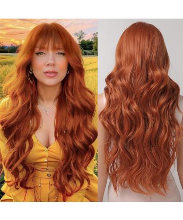 Long Orange Wigs for Women Body Wave Ginger Hair Synthetic Wigs with Bangs - Buy Online on GoSupps.com