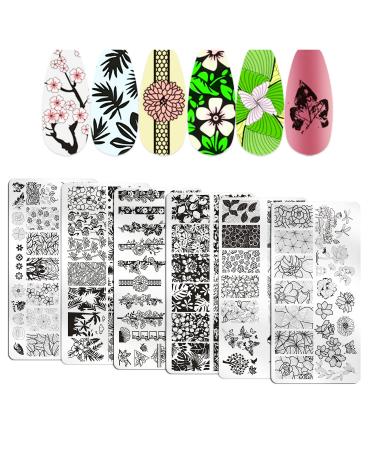 WOKOTO 6Pcs Flower Nail Stamping Plates For Nails Mix Size Image Spring Summer Flowers Leaves Nail Templates Nail Stencils For Nails Art Stamping Kit Nail Stamp Plates Set Printing Tools For Nail Art KIT1