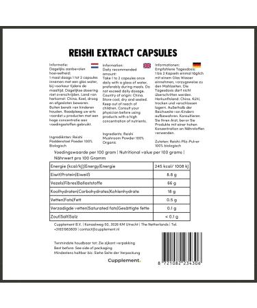 Cupplement - 4 Sachets of Reishi Extract Capsules 60 Pcs - Extract 20:1 - Free Pill Box - Organic - 400 MG Per Capsule - Powder Free - Supplement - Superfood - Mushroom - Mushroom - Buy Online on GoSupps.com