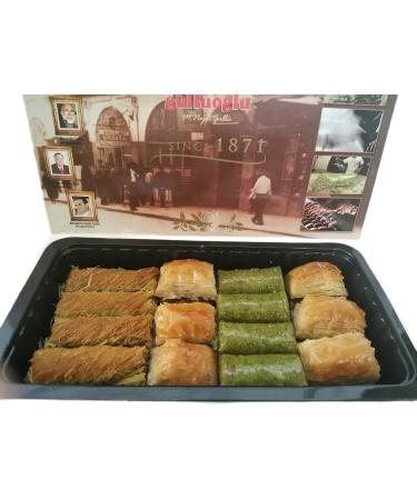 Gulluoglu Assorted Turkish Baklava, Mix of Pistachio Baklava, Walnut Baklava, Twisted Pistachio Kadaif, Pistachio Wrap, 14 pieces (1.1 lb - 500 gr) 14 Count (Pack of 1)