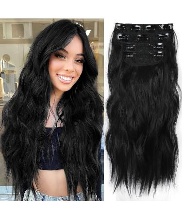 Clip in extensions 4-PCs beach wavy hair extension black clips hair part extensions soft synthetic hair part for women full head hair extension thick hair parts 50cm (1b#) 077a black (1b#)