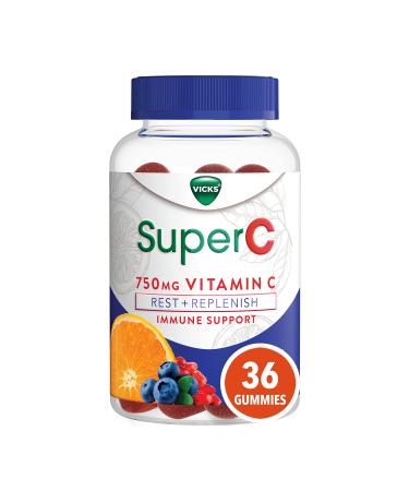 Vicks SuperC Vitamin C Gummies Rest & Replenish Immune Support (Vitamin C Ashwagandha Echinacea Chamomile) Citrus Berry Flavored 36 Gummies