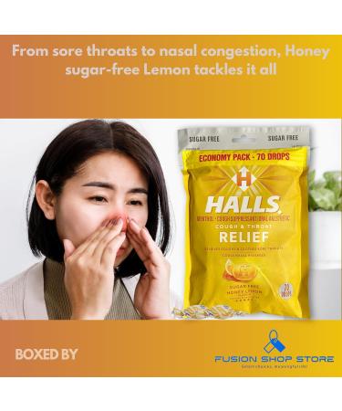 Halls Sugar Free Honey Lemon- Relief Cough Drops Economy Pack 70 Drops (1 Pack) Set with Fusion Shop Store Box (1) Small Yellow - Buy Online on GoSupps.com