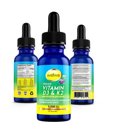 Vitamin D3 K2 Liquid Drops - Vegan Vitamin D3 5000 IU Vitamin D Drops Adult No Fillers Non-GMO No Taste Liquid Vitamin d3 with k2 Supplement to Boost Energy Levels Mood Immune System 1 fl oz