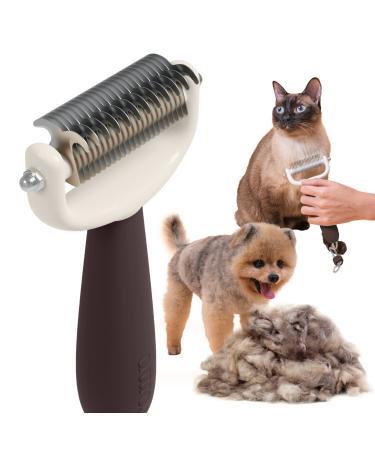 Pet Dematting Brush - Undercoat Rake Deshedding Tool for Long Haired Dogs & Cats - Double-Sided Detangler for Grooming Fur Sable Brown
