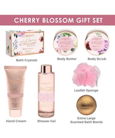 Luxurious Bath and Body Gift Basket for Women - Cherry Blossom Spa Set with Body Lotion Shower Gel Bath Bomb & More - Buy Online on GoSupps.com