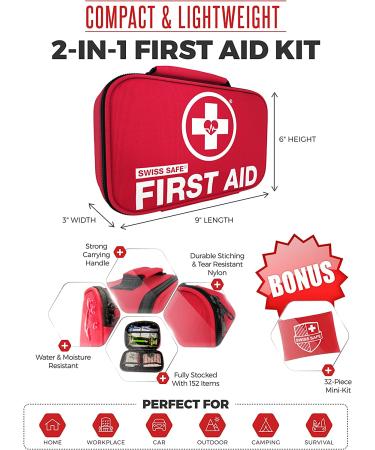 Swiss Safe 2-in-1 First Aid Kit (120 Piece) + Bonus 32-Piece Mini Kit - Compact & Lightweight for Emergencies at Home, Outdoors, Car, Camping, Workplace, Hiking & Survival - Buy Online on GoSupps.com