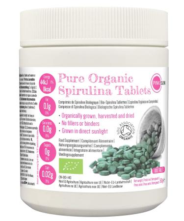 PINK SUN Organic Spirulina Tablets 1000 x 500mg Tabs Gluten Free Non GMO Suitable for Vegetarians and Vegans Certified Organic by The Soil Association 500g Bulk Buy